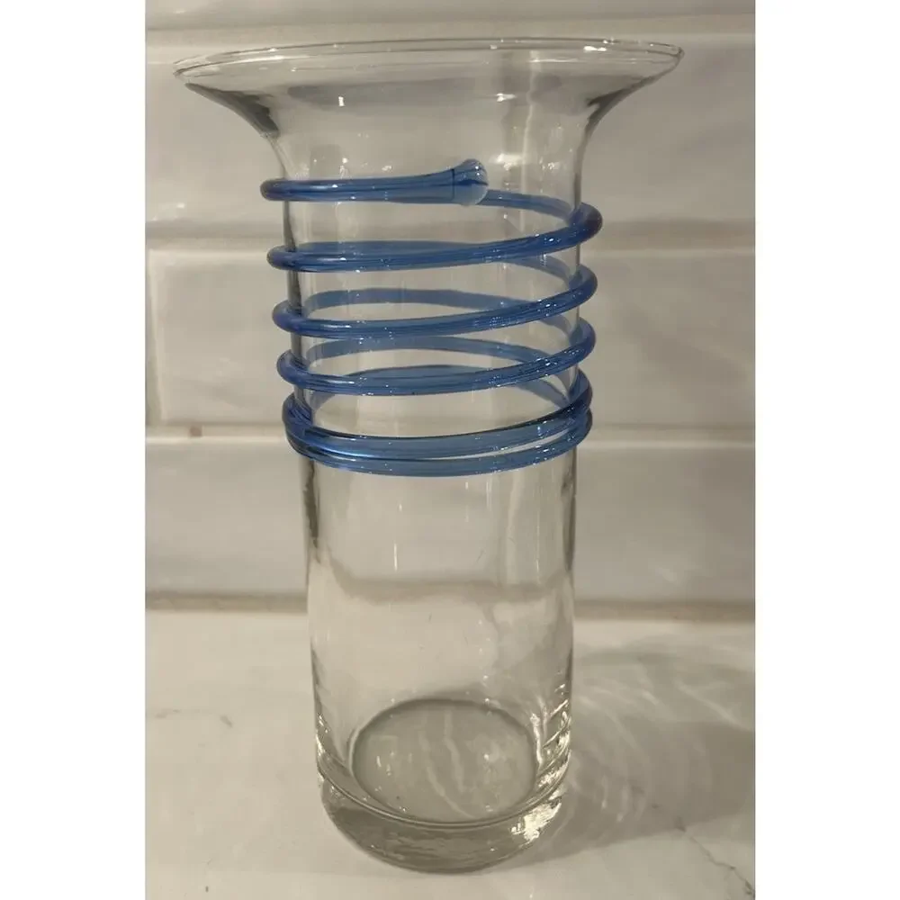 Vintage vase Applied Blue Swirl‎ on Clear Glass Vase 8.75” Art Glass
